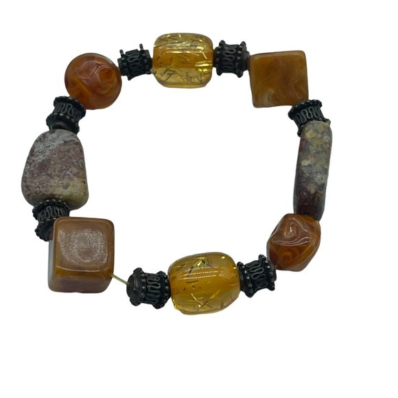 Beaded Bracelet Gems Rocks Stretch Orange Stones - Picture 1 of 6
